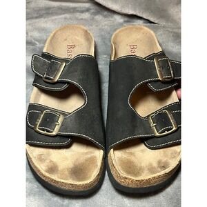 Bass Cleopatra Black Suede Double Strap Cork Footbed Sandals Women's Size 10M